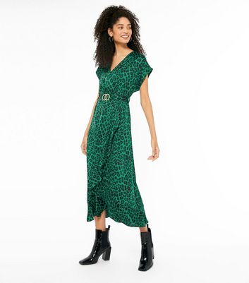 Green Leopard Print Satin Midi Dress ...